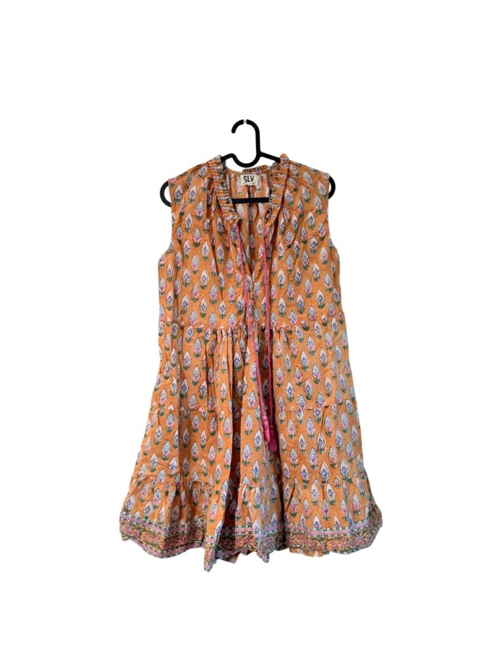 SLV Sur La Vague Tan Floral Tassel Ruffle Hem Sleeveless Mini Dress Women Small